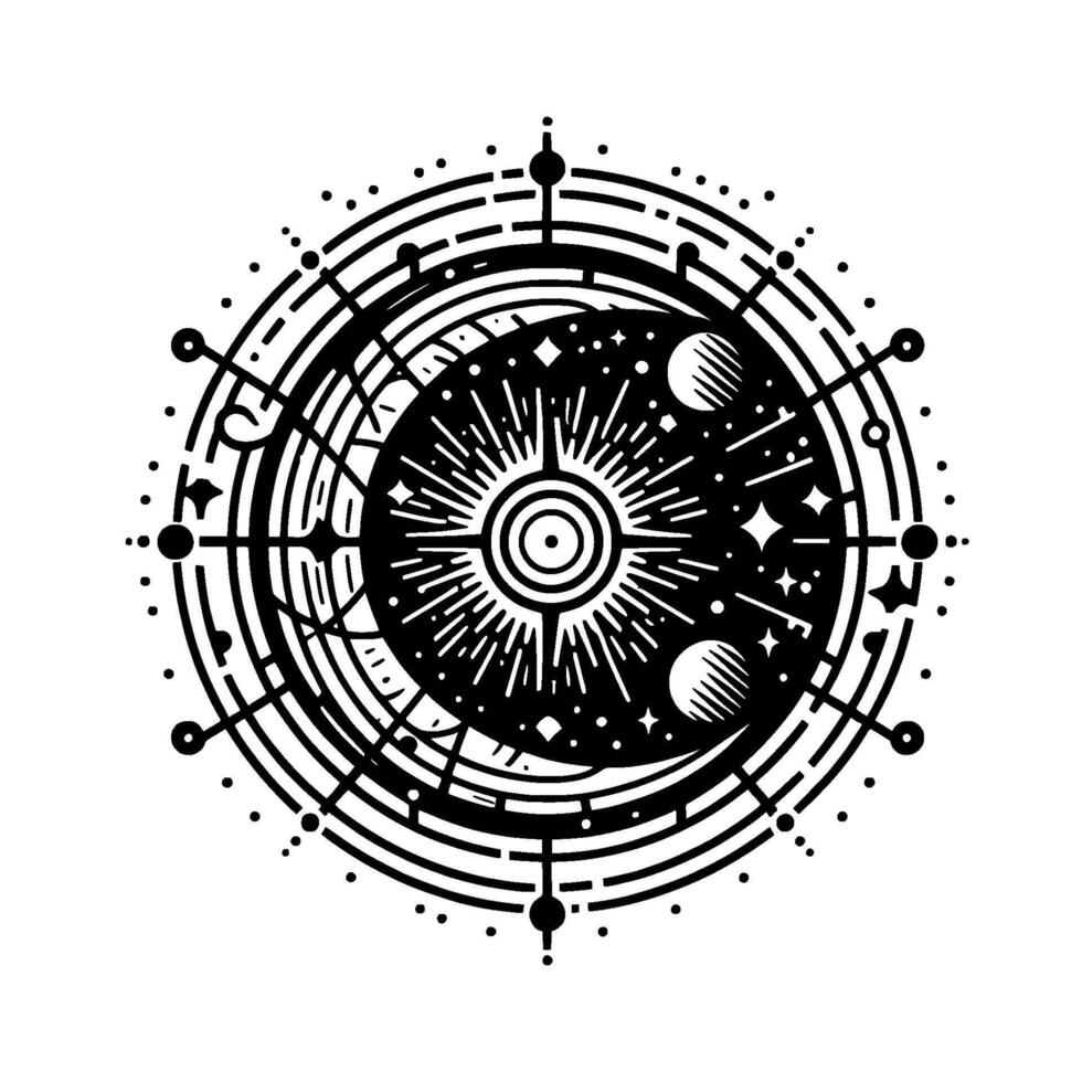 Intricate black and white celestial mandala depicting a central sunburst, crescent moon, planets, and stars within concentric circular frames. vector