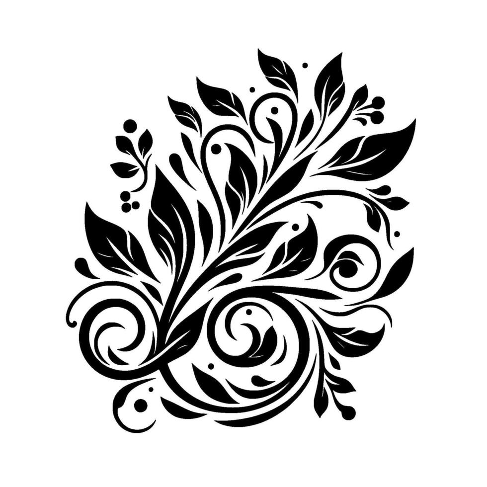 Elegant Black and White Floral Ornament with Leaves, Swirls, and Berries, Centered on a Plain White Background. vector