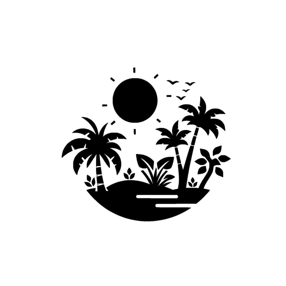Black and White Tropical Island Silhouette Sun, Palm Trees, and Birds in a Circular Composition. vector
