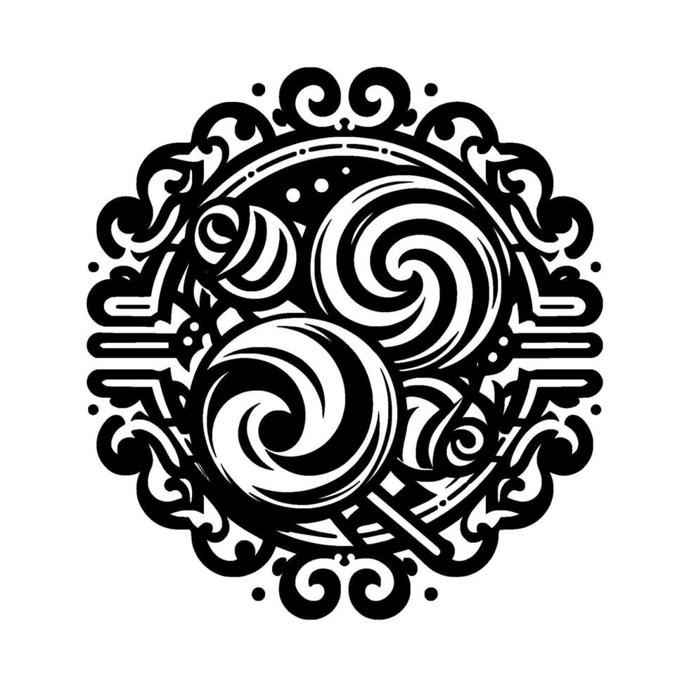 Intricate Black and White Featuring Swirling Lollipops Within a Decorative Circular Frame and Elegant Ornamentation. vector