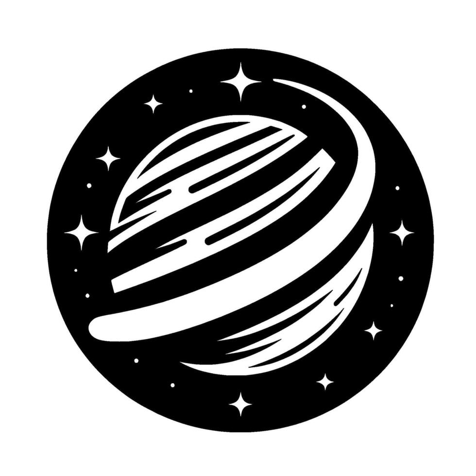 Stylized black and white featuring a planet with striped bands, set within a starry circular frame and a curved line. vector
