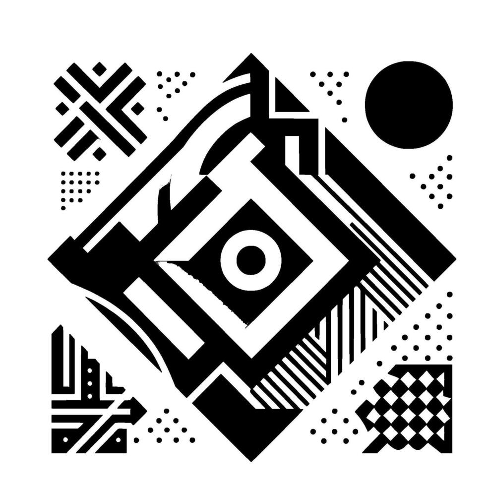 Geometric Black and White Abstract Composition featuring concentric diamond, circles, lines, and shapes, on a contrasting plain white background. vector