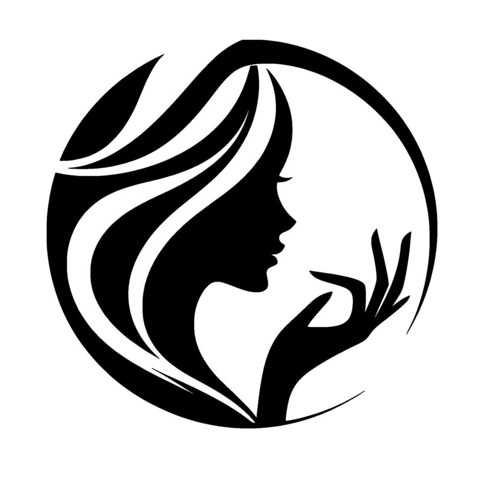 Elegant Black Silhouette of a Womans Profile Inside a Circle with Flowing Hair and Hand Touching Face, Minimalist vector