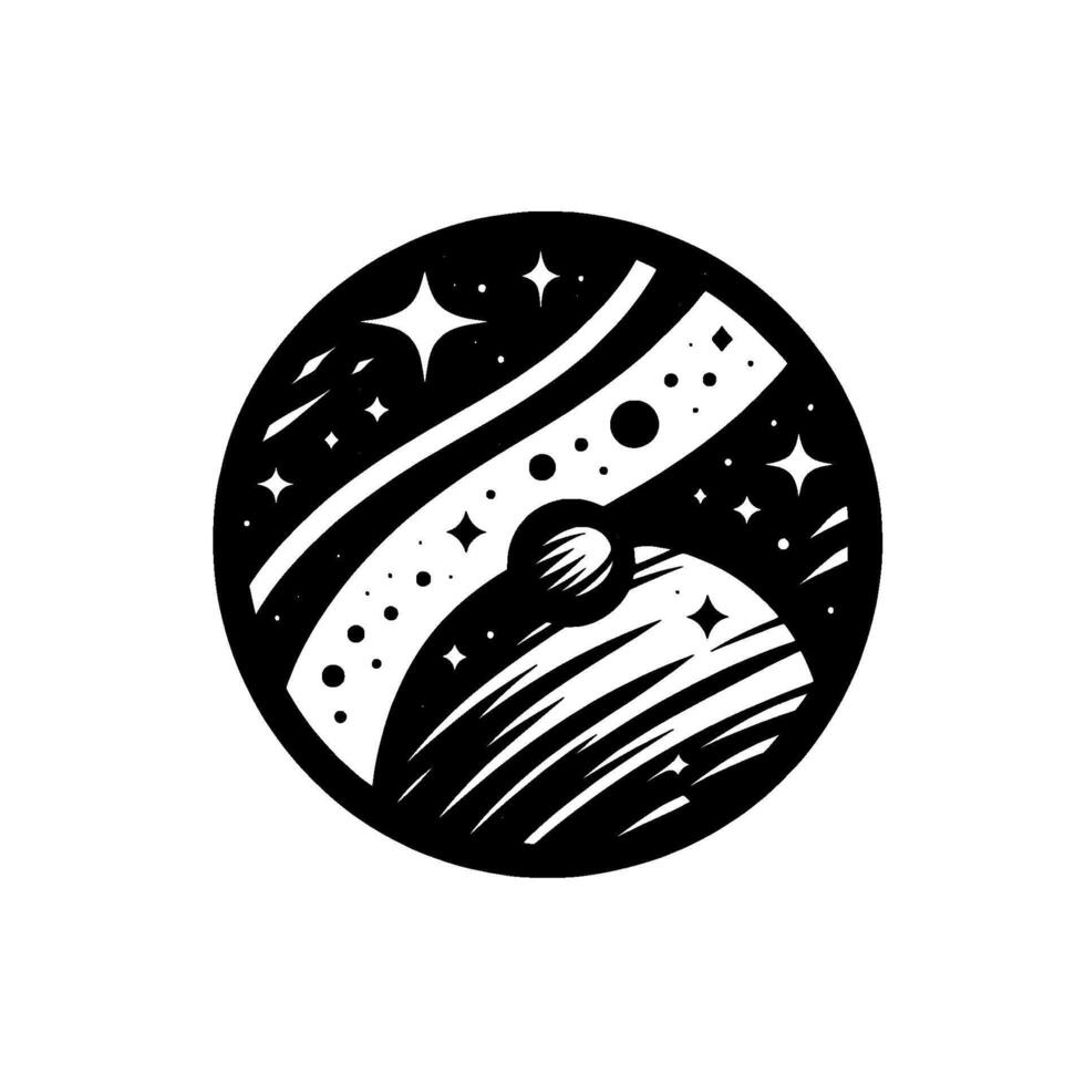 Black and White Stylized Illustration of a Celestial Scene Within a Circular Frame Depicting Cosmic Elements vector