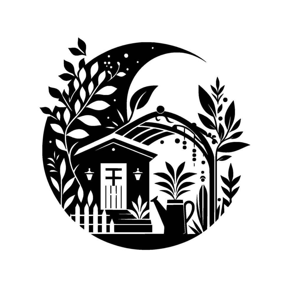 Whimsical monochrome illustration A cottage nestled in a crescent moon, surrounded by lush foliage, gardening tools, and a picket fence, evoking tranquility. vector