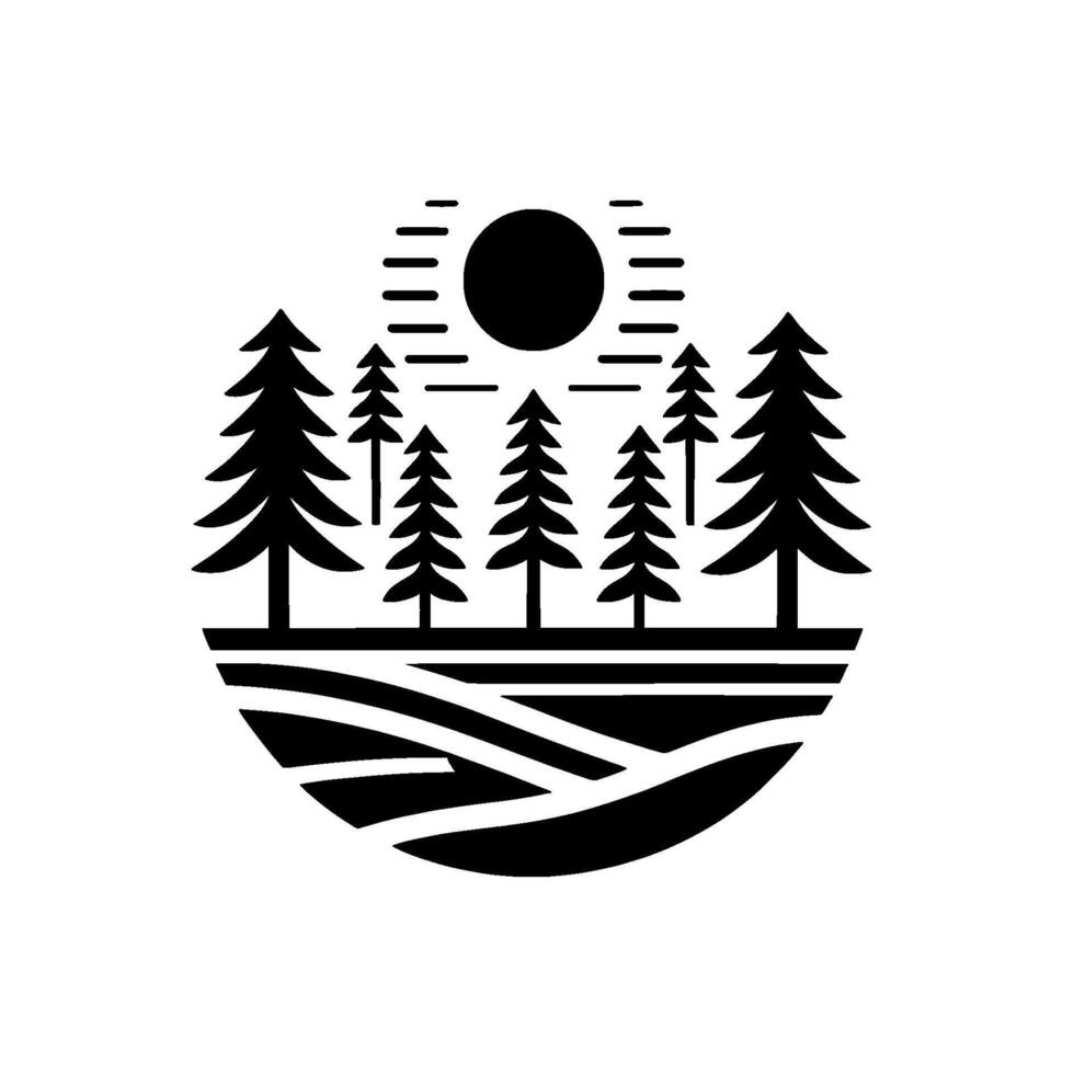 Black and white minimalist of a stylized forest landscape with a sun, trees and layered terrain inside a semicircle. vector