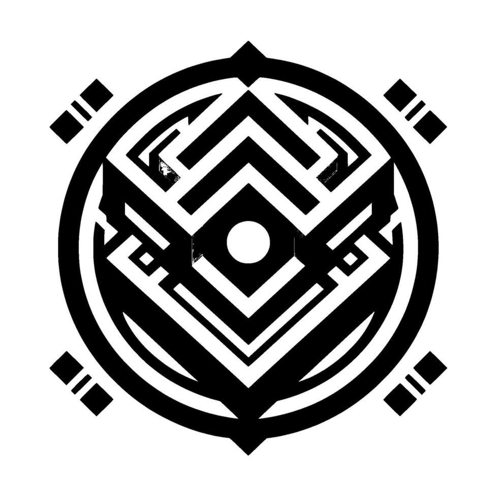 Geometric symmetrical black and white pattern, circular with nested shapes, minimalist aesthetic, modern art style. vector