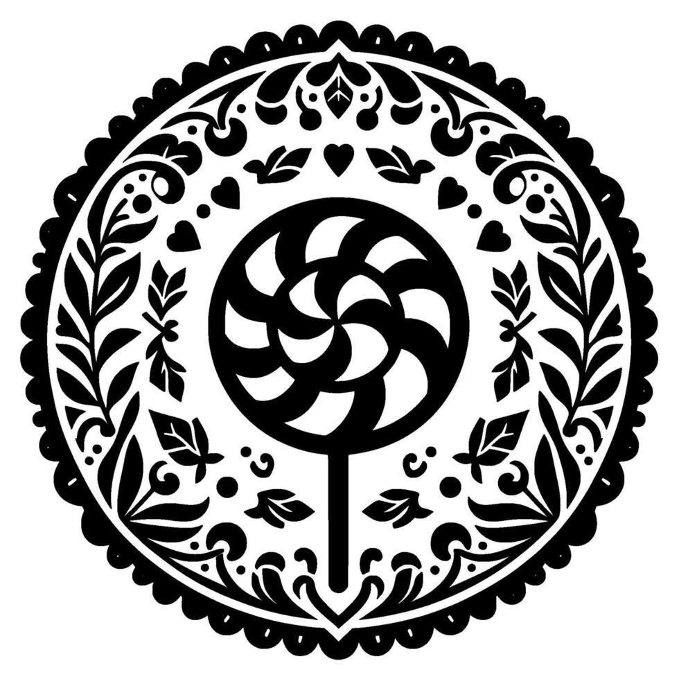 Detailed Black and White Circular featuring a Swirl Lollipop Center surrounded by Floral and Heart Ornamentation, Decorative Border on a White Background. vector