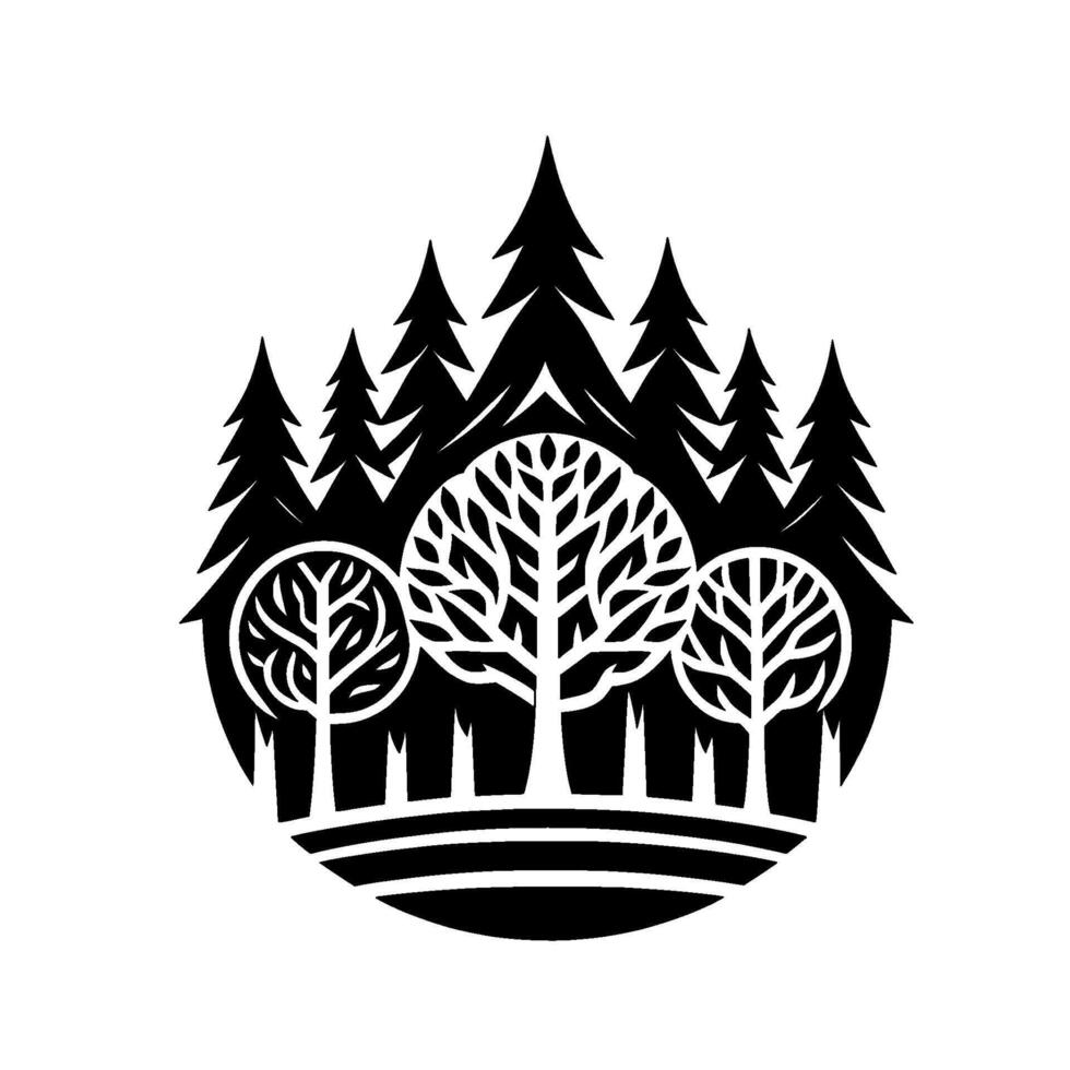 Stylized Black and White Forest Silhouette with Pine Trees and Circular Deciduous Trees in a Grassy Circle Composition. vector
