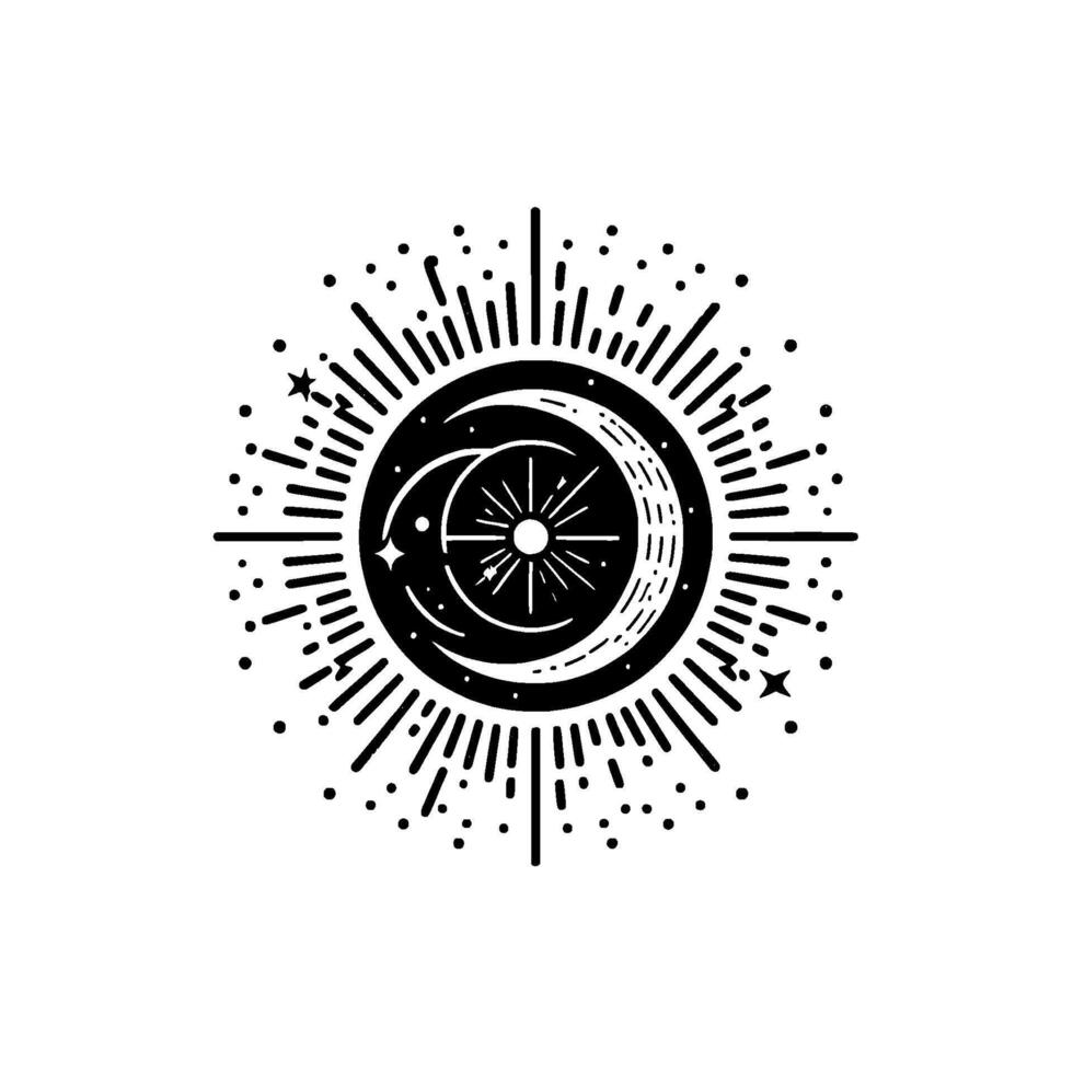 Celestial Emblem A Black and White Mystic Illustration of Sun, Moon, and Stars, with a Cosmic Burst. vector