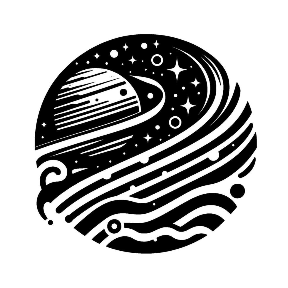 Black and white, minimalist, stylized cosmic illustration featuring a planet with rings, swirling galaxies, stars and circular shapes. vector
