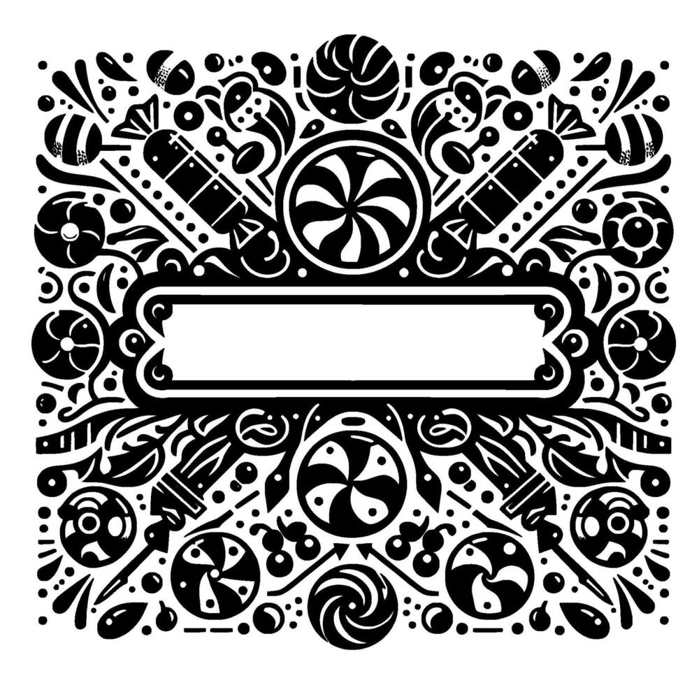 Black and white ornate candy design, featuring lollipops, hard candies, chocolates and sweets, arranged in a symmetrical border with an empty rectangular central space. vector