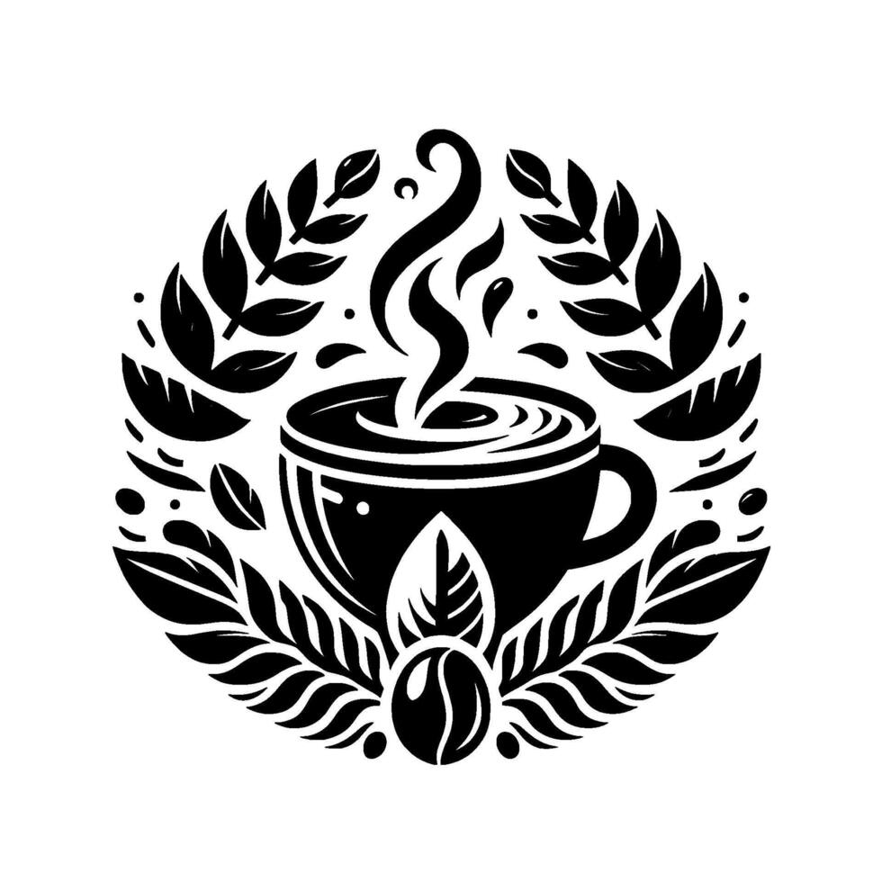 Intricate Black and White Coffee Cup Surrounded by Leaves and Coffee Bean in a Circular, Ornamental Design. vector