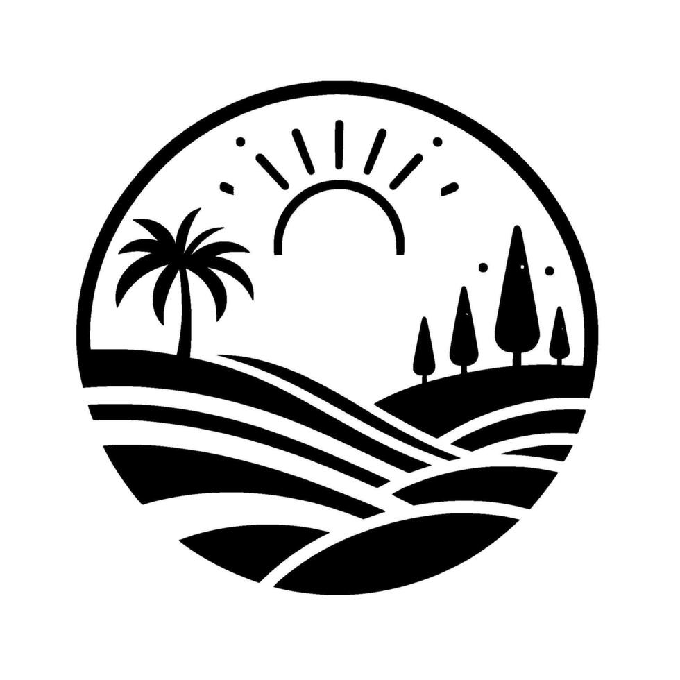 Stylized black and white circular landscape illustration with sun, palm tree, rolling hills, and fir trees. vector