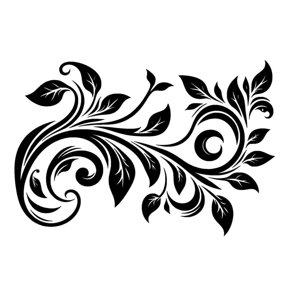 Elegant Black and White Floral Ornament with Swirls, Leaves, and Botanical Elements, Isolated on White. vector