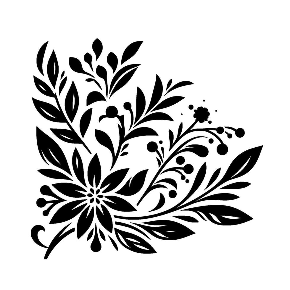 Elegant black botanical arrangement with leaves, flowers, and berries, cornerplaced on a white backdrop, featuring stylized elements. vector