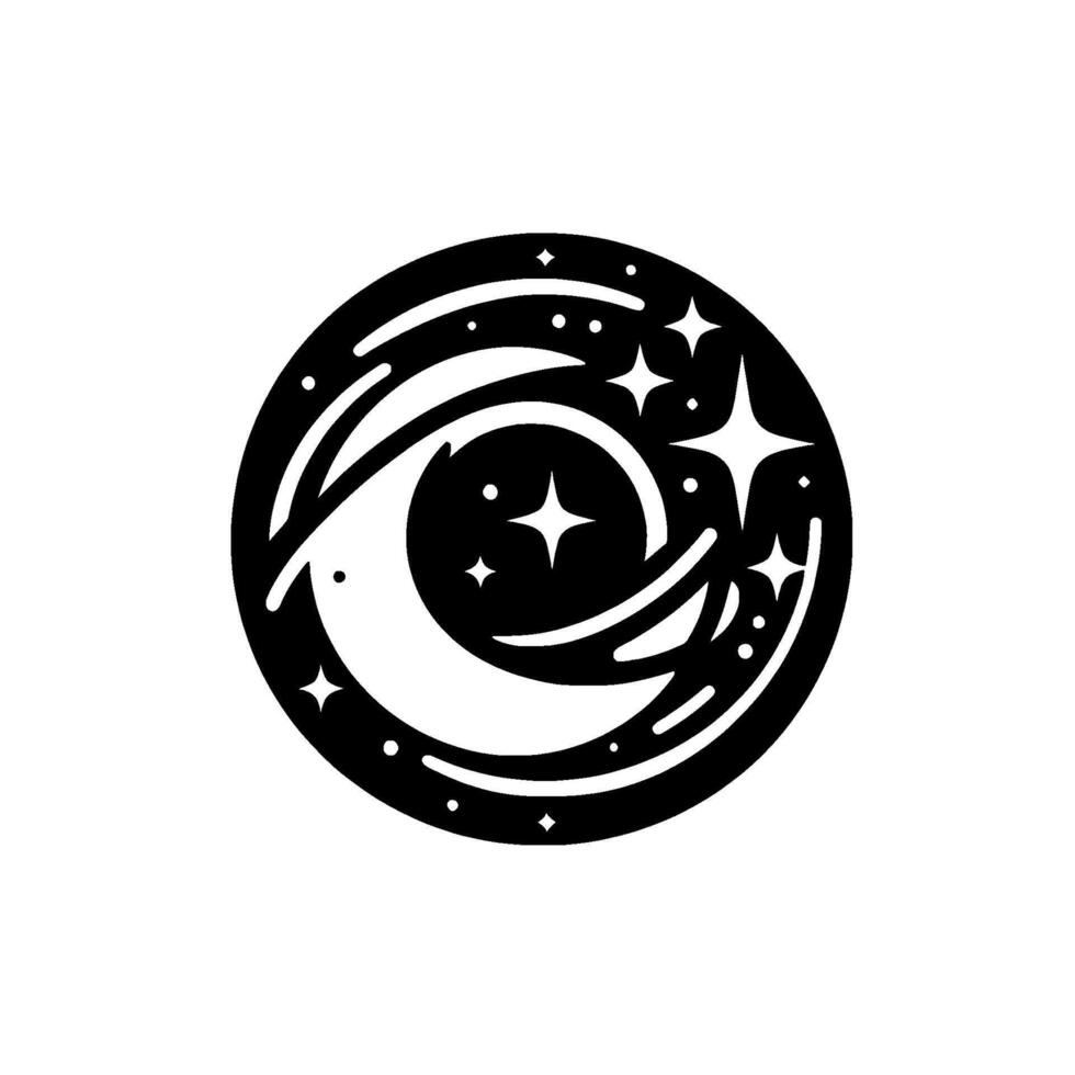 Circular Monochrome Illustration of a Crescent Moon and Stars within a Black Circle, representing Night Sky with Abstract Lines. vector