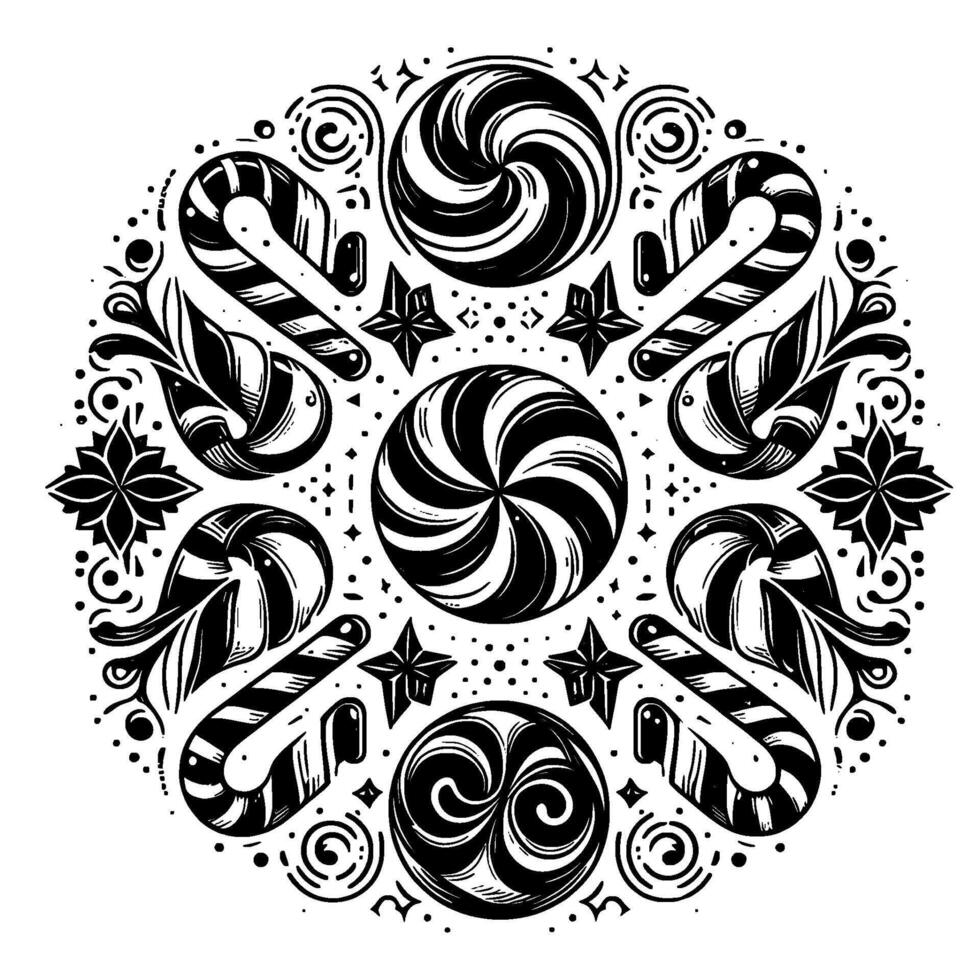 Circular Black and White Christmas Ornament Pattern with Candy Canes, Swirls, and Stars. vector