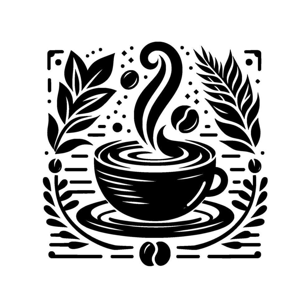 Elegant Black and White Coffee Illustration Steaming Cup with Leafy Frame Coffee Beans, Minimalist Design. vector