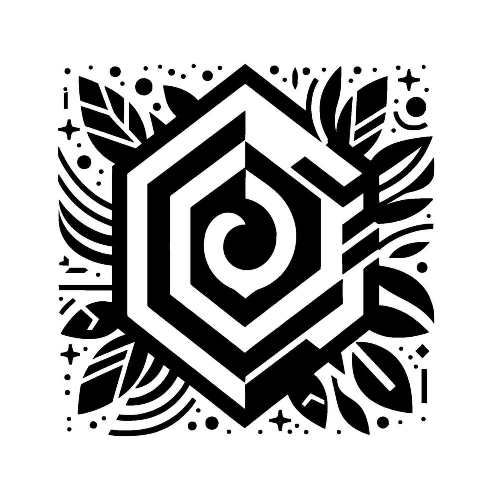 Black and white geometric floral with a central hexagonal spiral, enclosed within a square frame featuring stylized leaves, dots, and crosses. vector