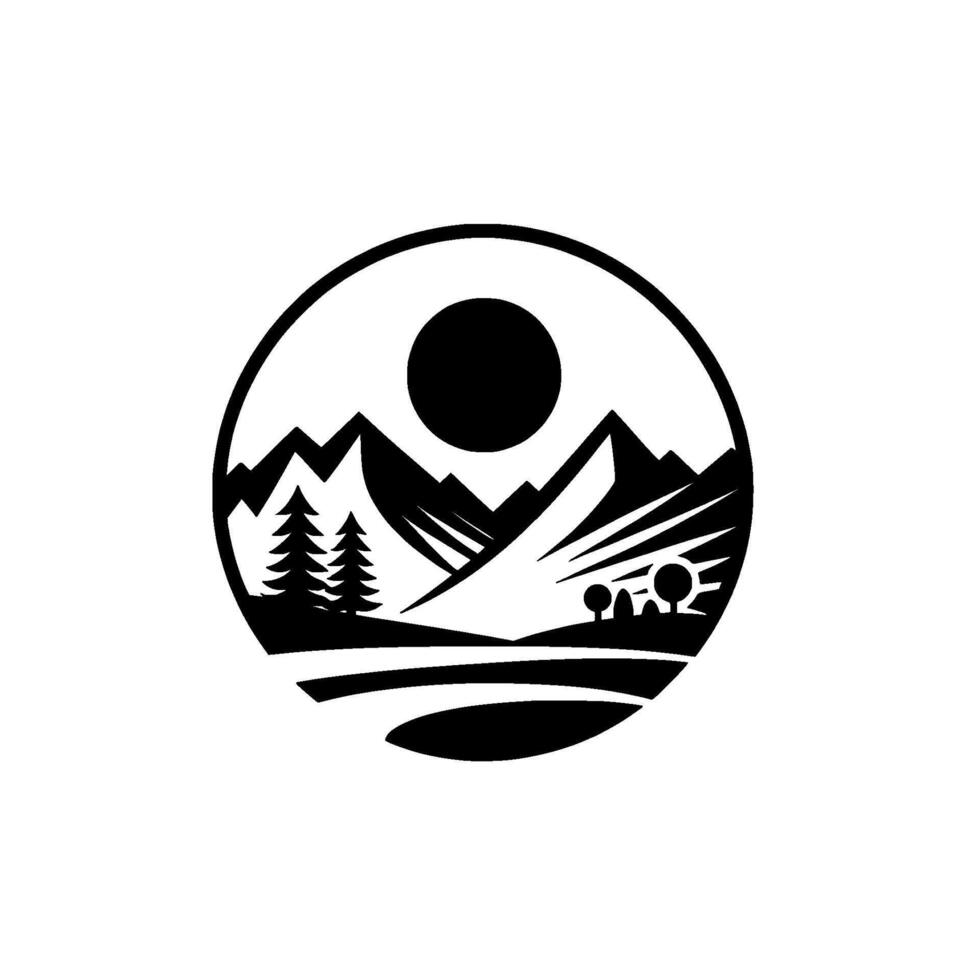 Black and white circular featuring stylized mountains, trees, sun, and fields. vector