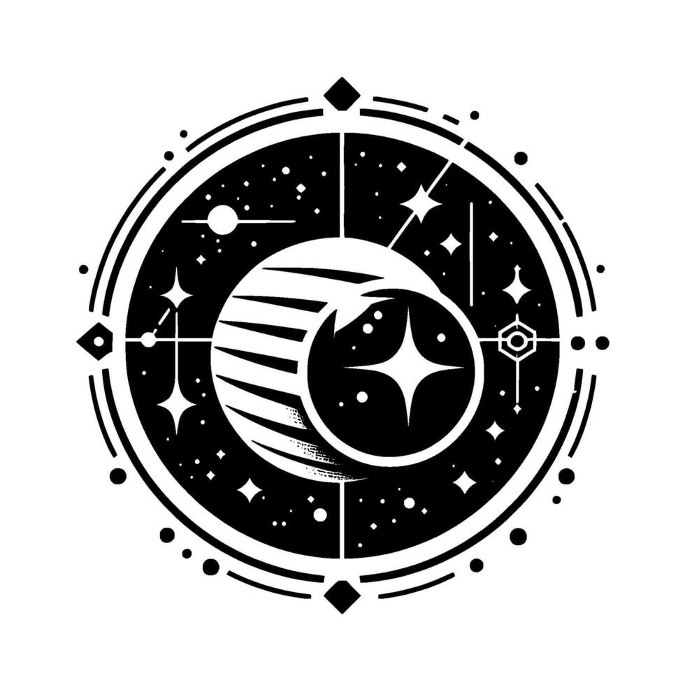 Geometric Black White Cosmic Illustration Celestial Spheres, Starry Constellation, Circular Emblem with Decorative Elements. vector
