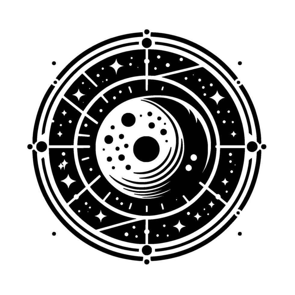 Cosmic Emblem Stylized Celestial Illustration with Moon Phase, Starry Sky within Circular Geometric Design. vector