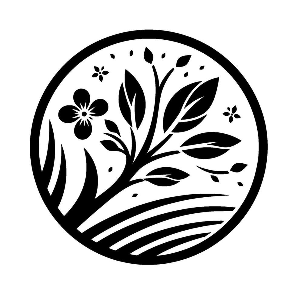 Black and White Circular Emblem Stylized Floral with Leaves, Grass, and Blossoms, in Geometric Harmony. vector