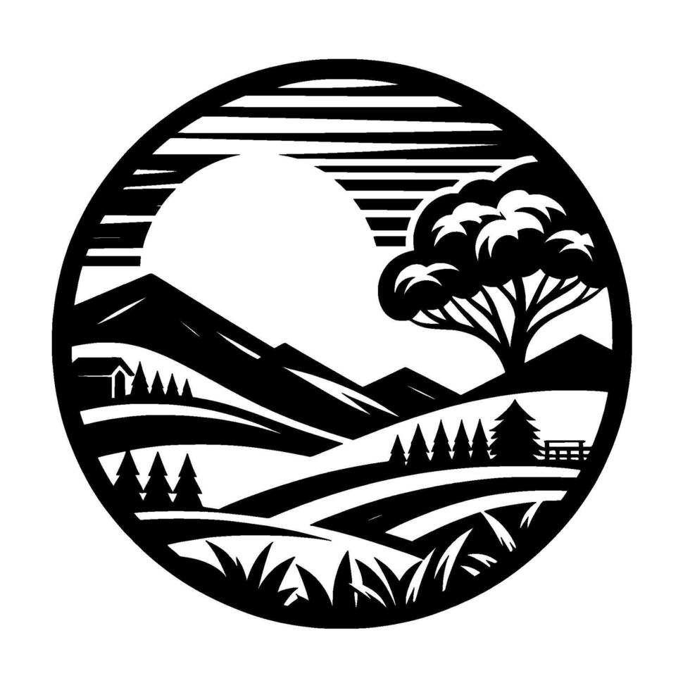 Stylized Black and White Circular Landscape Mountains, Hills, Trees, Sun, Fence, and House. vector