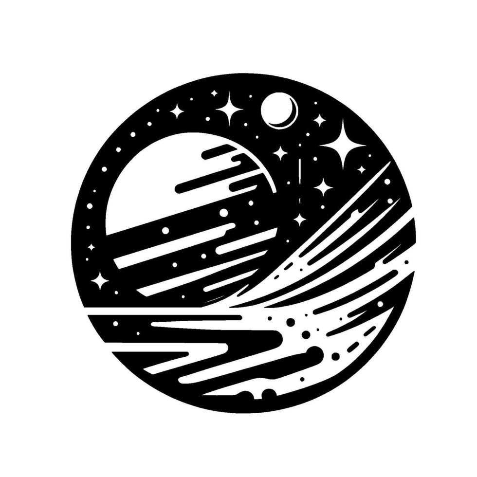 Black and White Circular Illustration Depicting a Cosmic Scene with Planets, Stars, and Abstract Elements Inside the Boundary. vector