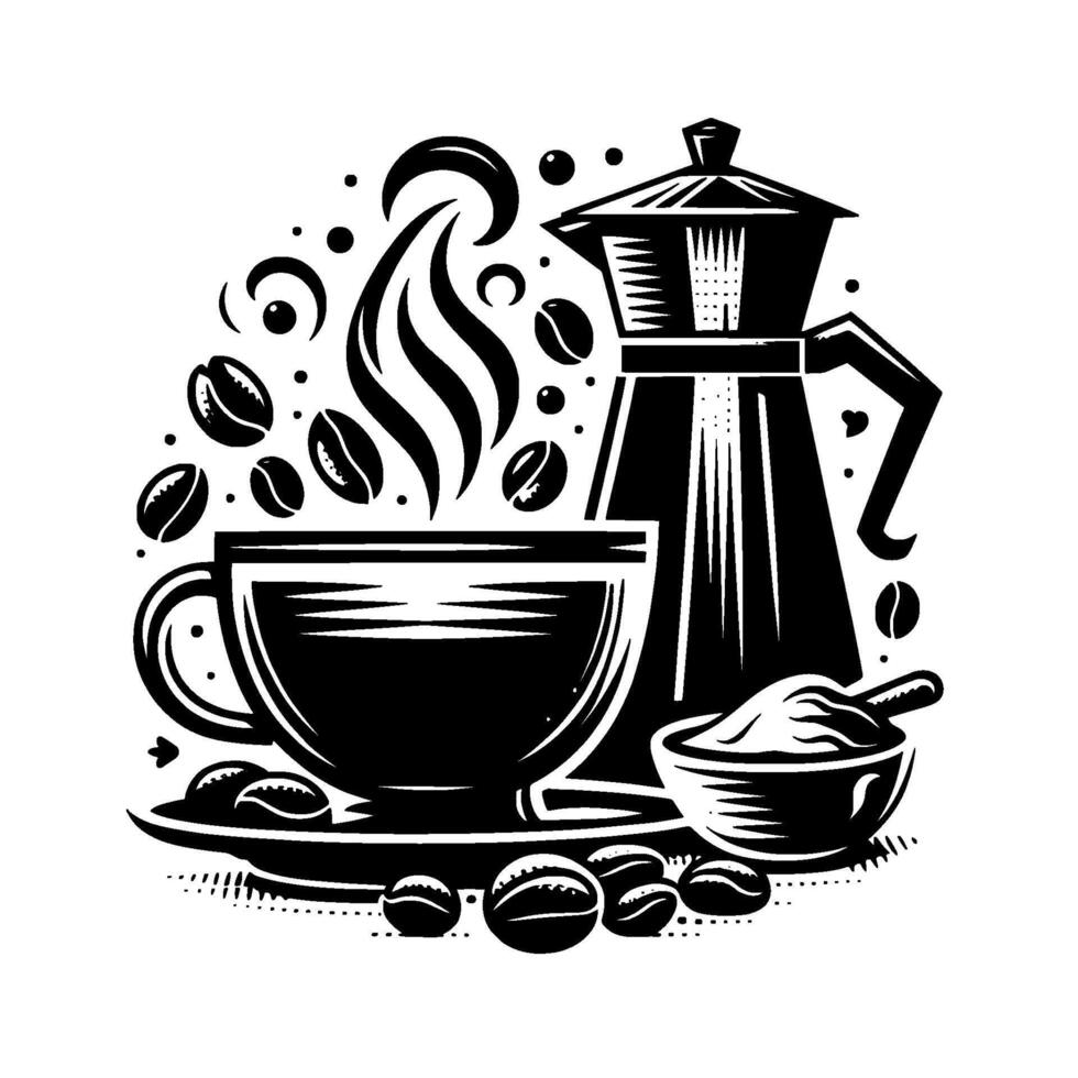 Intricate black and white illustration showcasing a steaming coffee cup, Moka pot, coffee beans, and ground coffee on a plate, creating a rich coffee aroma. vector