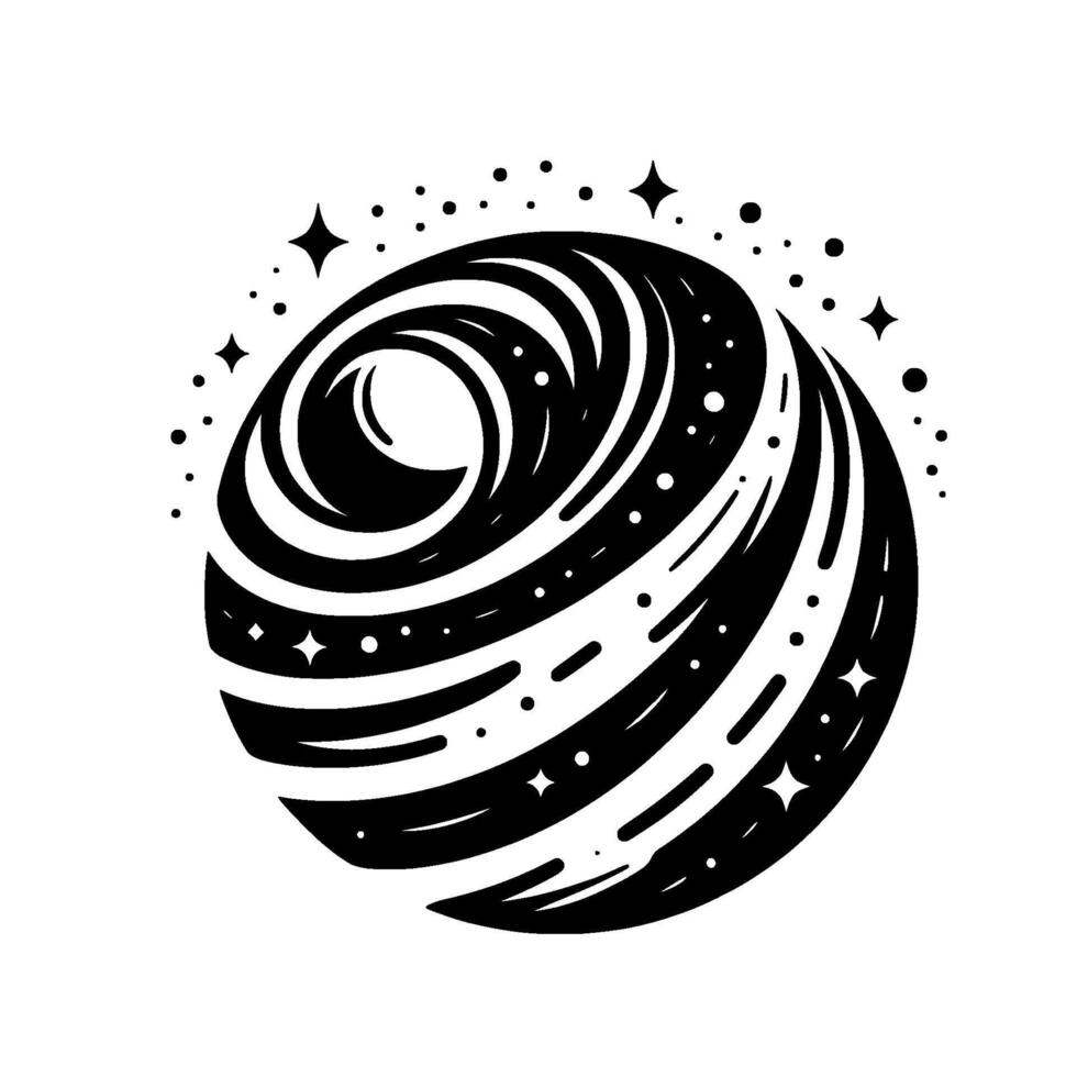 Black and White Swirling Cosmic Orb with Stars and Dots A Minimalist Celestial Illustration. vector