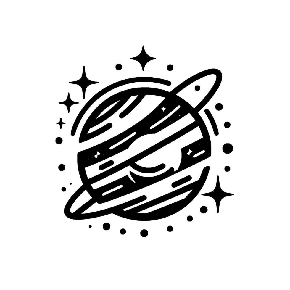 A Smiling, RetroStyle Planet with Rings and Surrounding Stars in a Black and White Illustration. vector