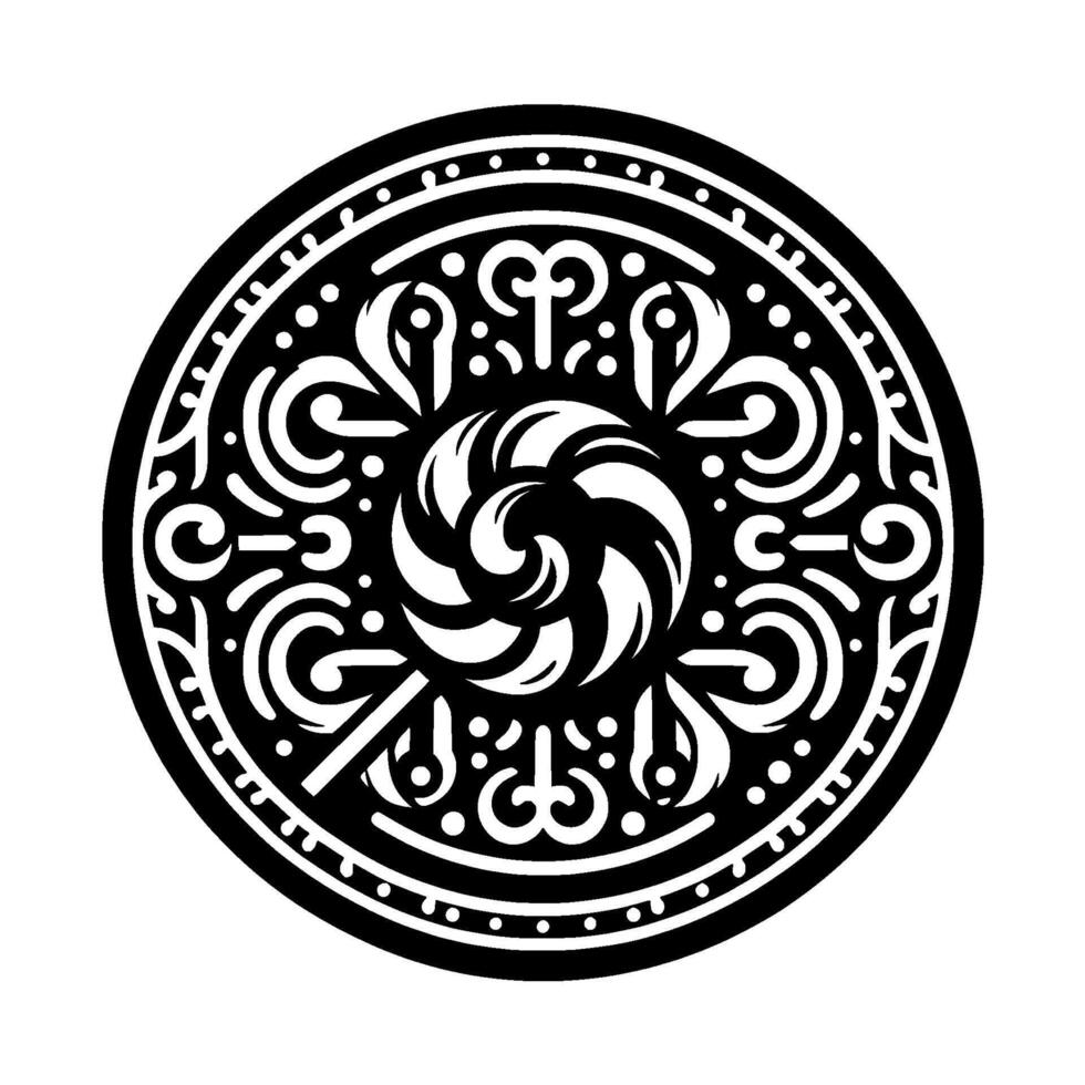 Intricate black and white circular pattern with a swirling central motif, ornate decorative elements, and a dotted border, isolated on white. vector