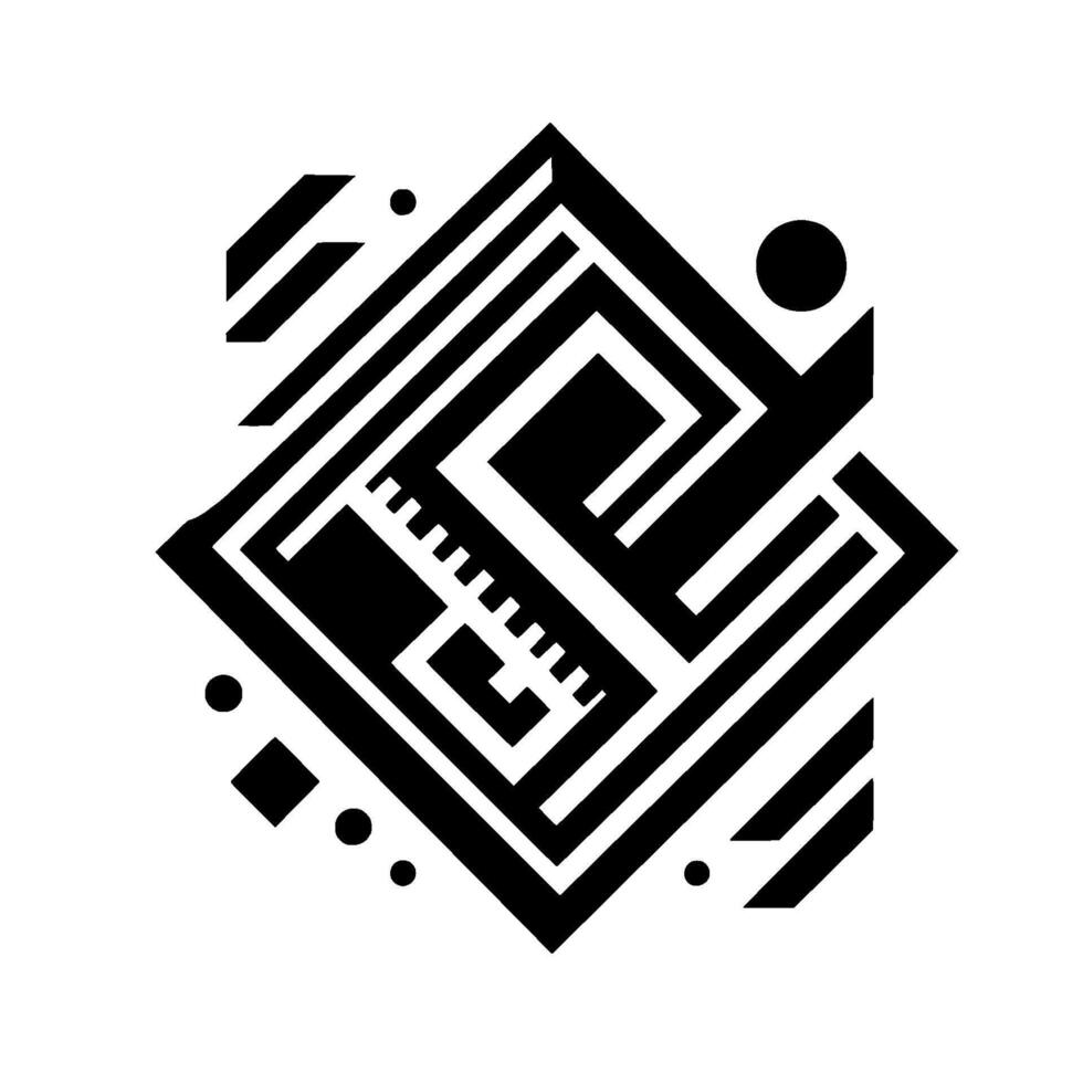 Geometric Black and White Abstract Square Composition with Labyrinthine and Rectilinear Forms, Dots, and Lines. vector