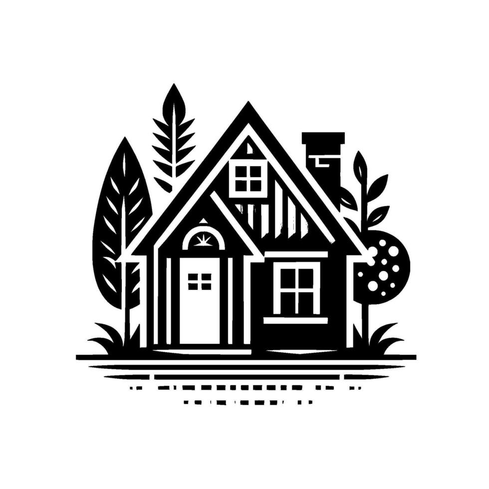 Minimalist Black and White Illustration of a Cozy Cottage with Nature Elements, Chimney, Windows, and a Modern Style. vector
