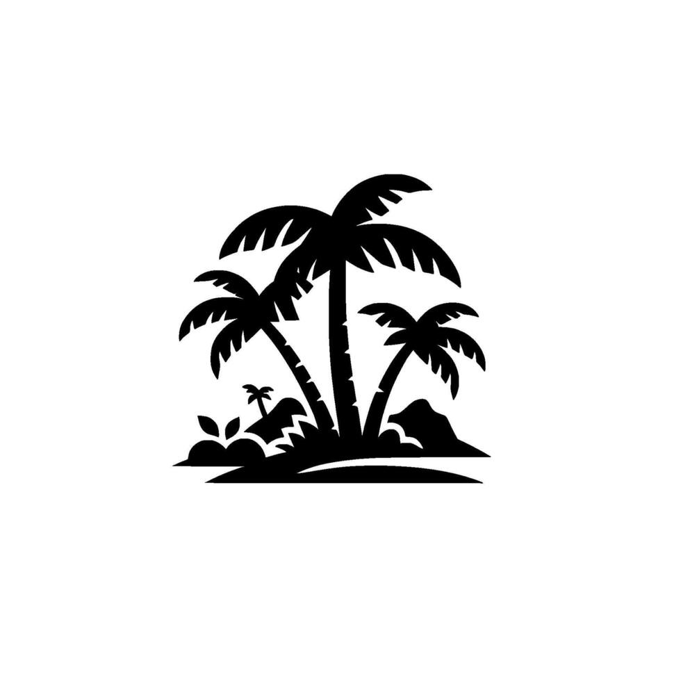 Tropical Island Silhouette Black Palm Trees, Lush Foliage, and Mountain on White, Evoking Paradise. vector