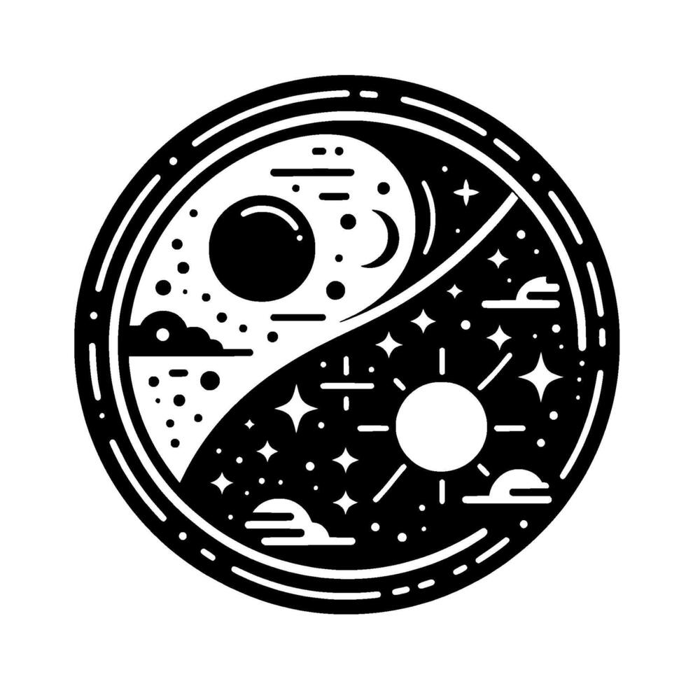 Black and White Yin Yang Harmony Symbol Featuring the Sun, Moon, Stars, and Clouds, within a Circle vector