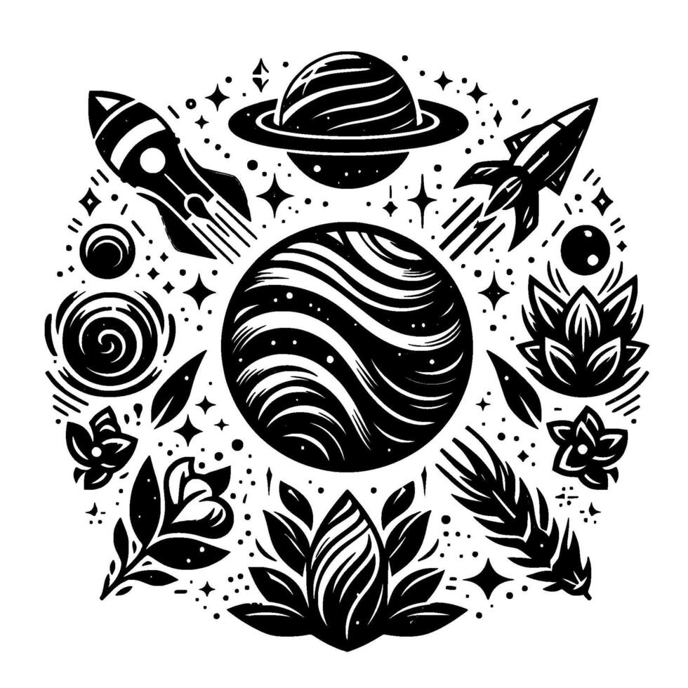 Celestial Botanical Mandala Space exploration meets floral elegance, blending planets, rockets, and flora in a cosmic composition. vector