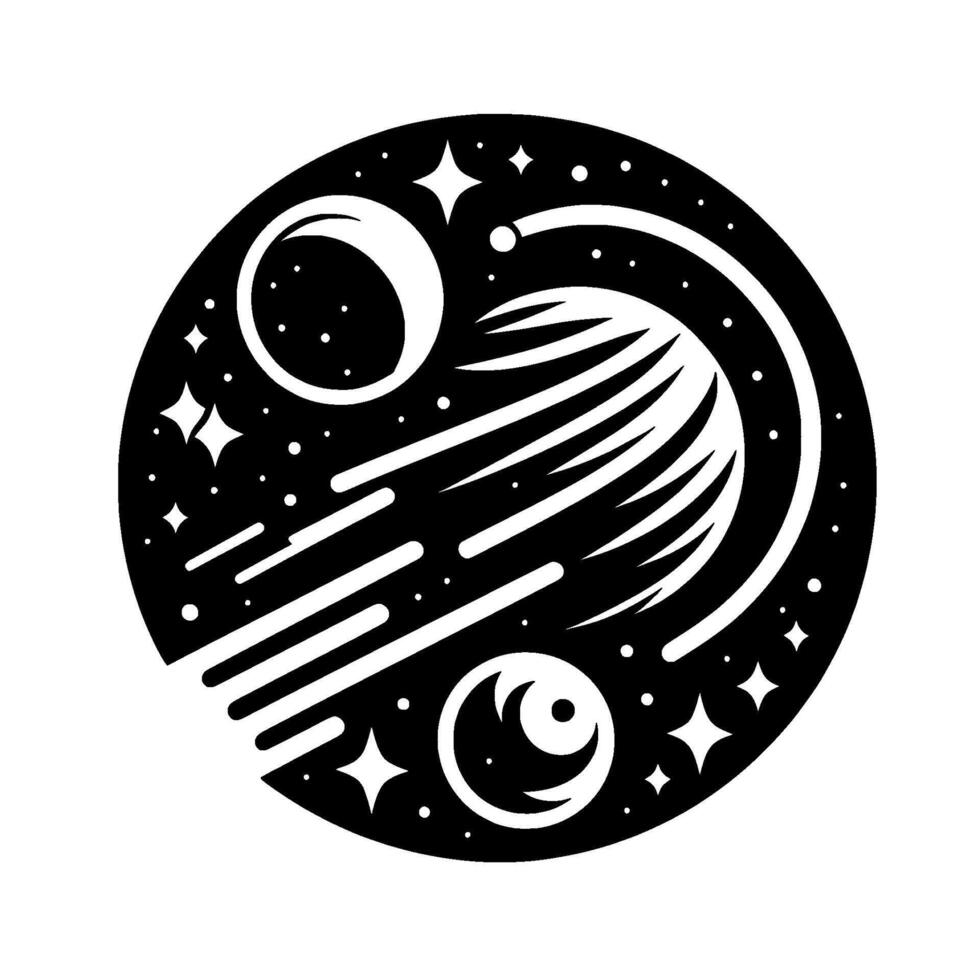 Celestial Silhouette A circular black and white illustration of a cosmic dance of moons, stars, and a stylized cometlike element, creating a sense of wonder. vector