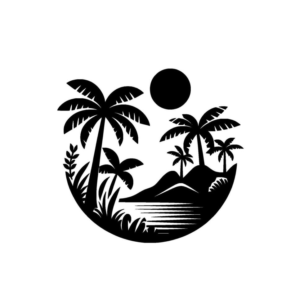 Black and white tropical island scene with palm trees, sun, and water within a circular frame, evoking a sense of serenity. vector