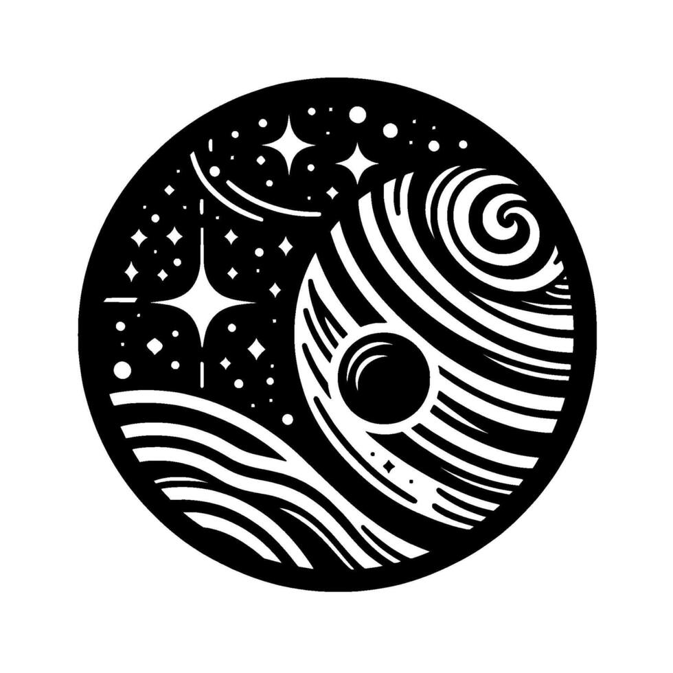 Celestial YinYang A black and white circular illustration depicting a starfilled cosmic realm with a swirling planet and an orb. vector