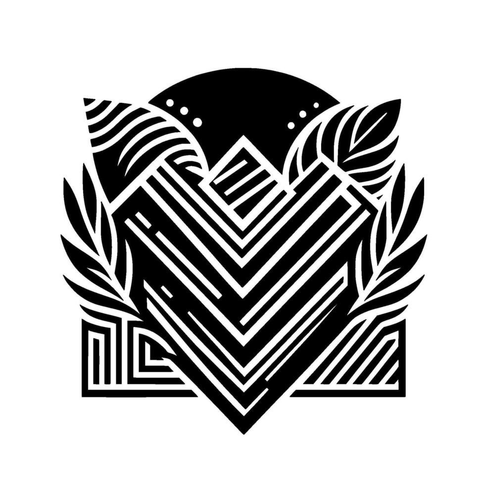 Geometric Emblem A black and white, art decoinspired with stylized leaves, geometric patterns, and a central chevron arrangement. vector