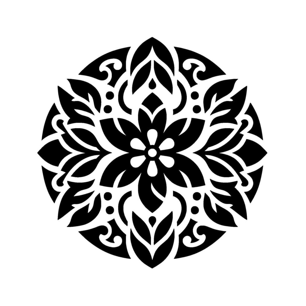 Intricate, Symmetrical Floral Mandala with Bold Black and White Silhouettes, Emphasizing Leaf and Petal Patterns in a Circular Composition. vector