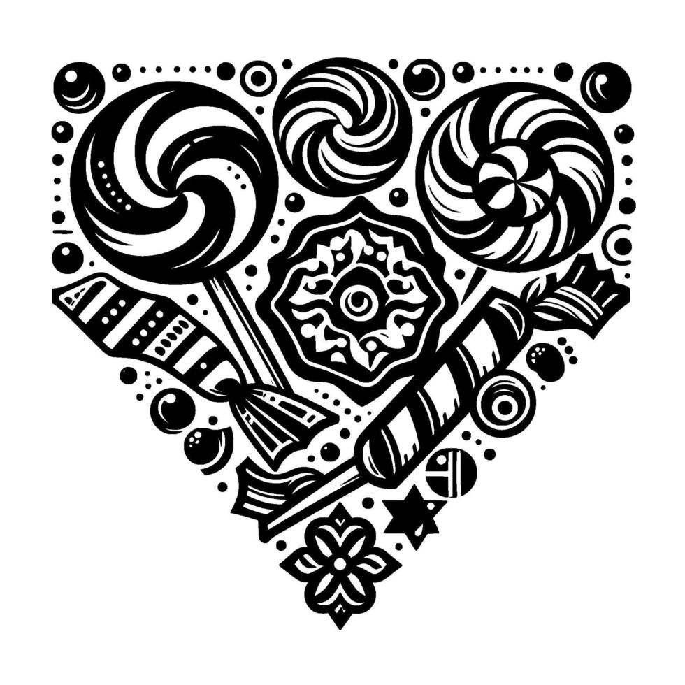 Geometric Black and White Candy Heart with Swirl Lollipops, Candies, and Ornate Decorations, on a Clean White Background. vector