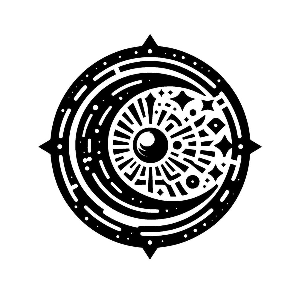 Intricate, blackandwhite circular glyph featuring a sunlike central element, crescent moon, stars, and geometric patterns on a white background. vector