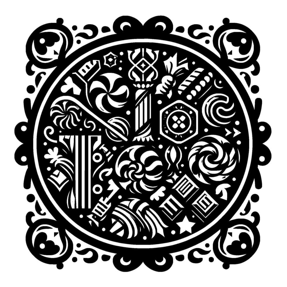 Intricate Black White Circular Design A Kaleidoscope of Sweets and Decorative Elements, Evoking Whimsy and Elegance. vector