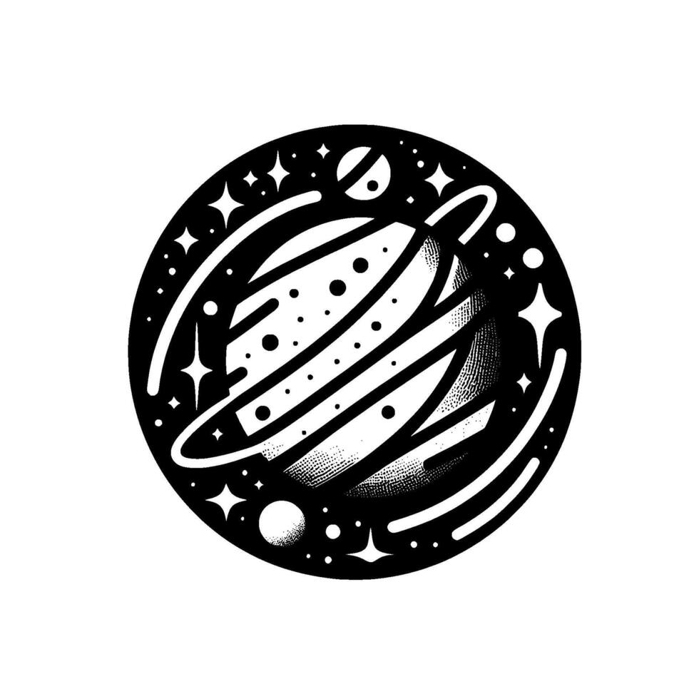 Stylized monochrome illustration of a planet with rings, surrounded by stars and other celestial bodies within a circular frame, evoking a cosmic emblem. vector
