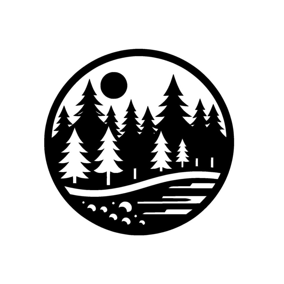Minimalist Black White Circular Landscape Depicting a Forest, River, and Sun in a Silhouette Style. vector