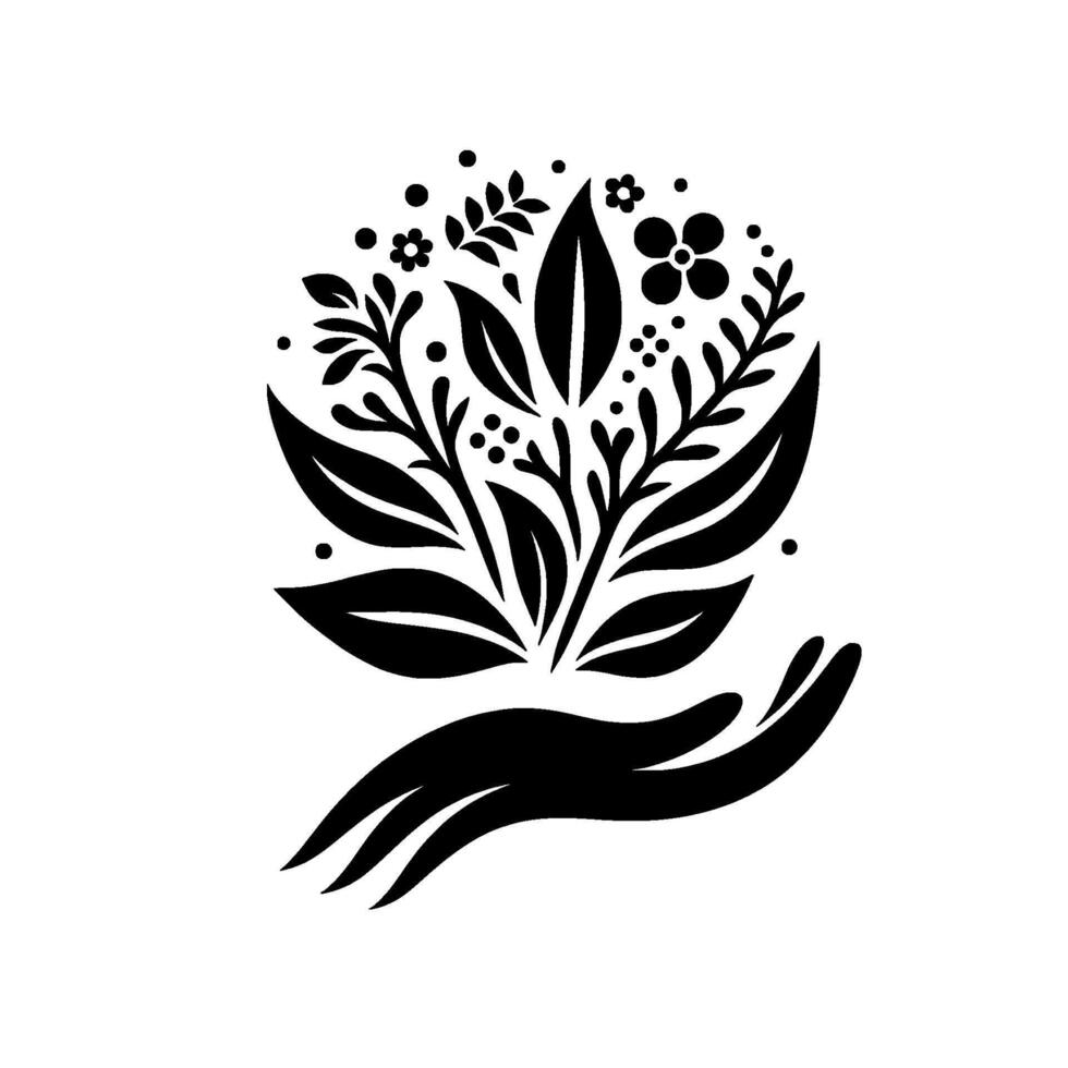 Hand cradling a stylized floral bouquet, in a black and white minimalist emblem of nature, growth, and nurturing. vector